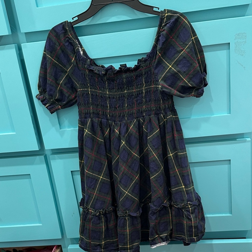 Navy Plaid Kids Dress with Puff Sleeves